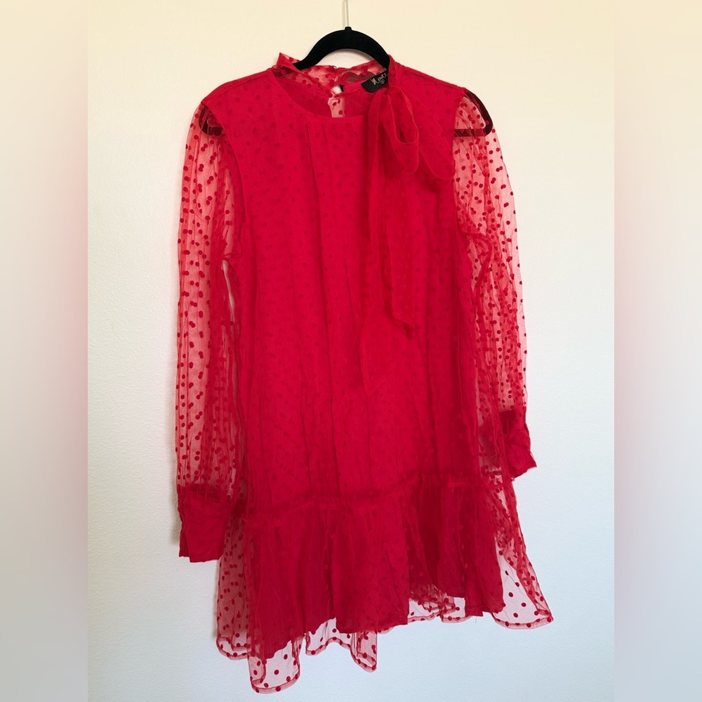 Meritt Red Sheer Polka Dot Long-Sleeve Dress with Bow Neckline & Tulle | Large